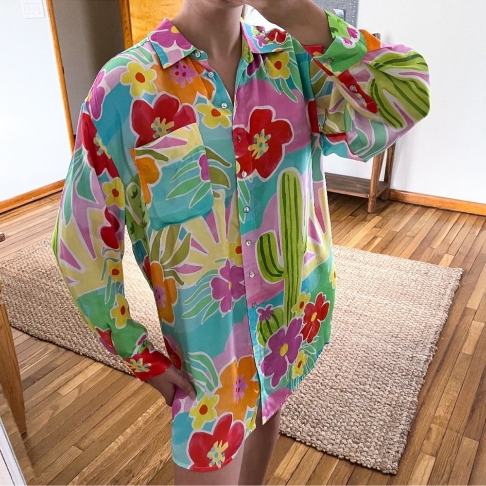 Spell & the Gypsy Margo Hour Colorful Tropical Desert Satin Mini Shirt Dress XS